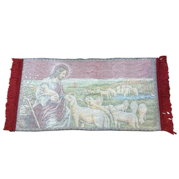 VTG 1970s Jesus The Good Shepherd Christian Tapestry Rug Wall Hanging 43”x 20” - Picture 2 of 16